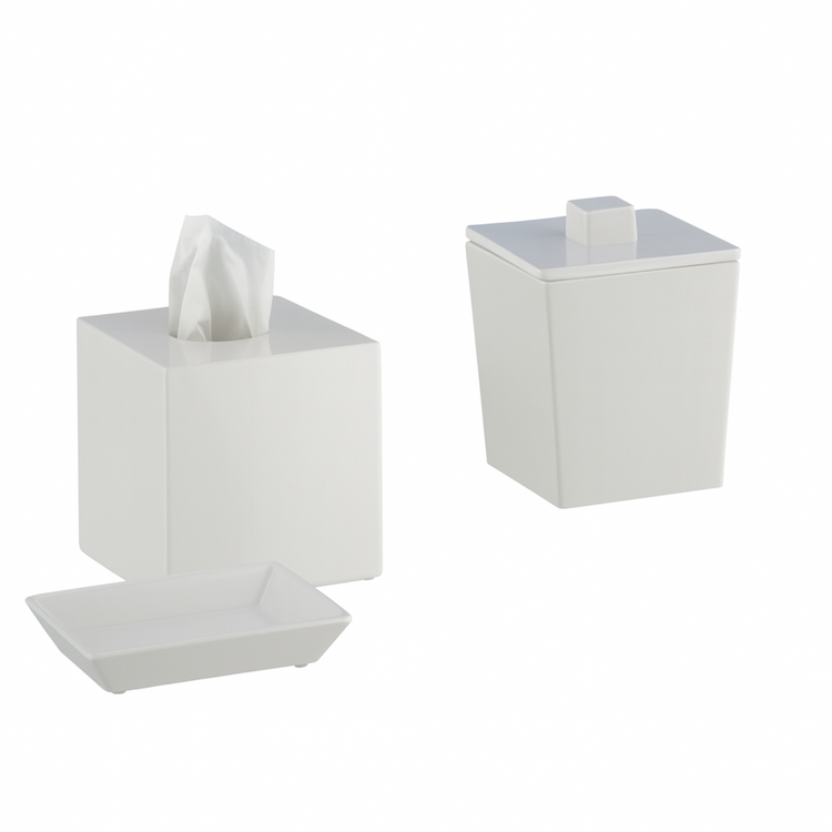 White | Set of white bathroom accessories including a tissue box, cotton ball jar, and soap dish on a white background.