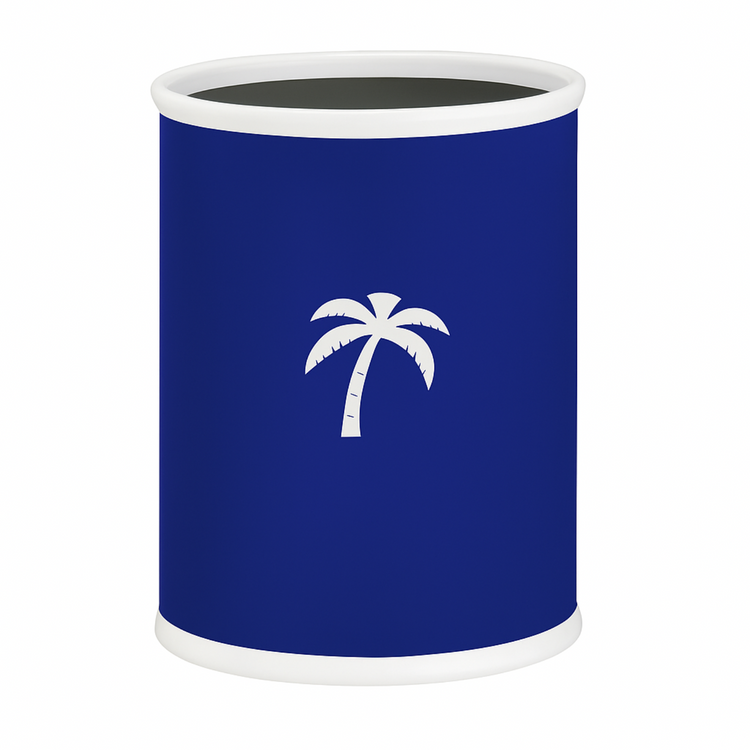 Royal Blue | cylindrical container with a white palm tree design on a white background