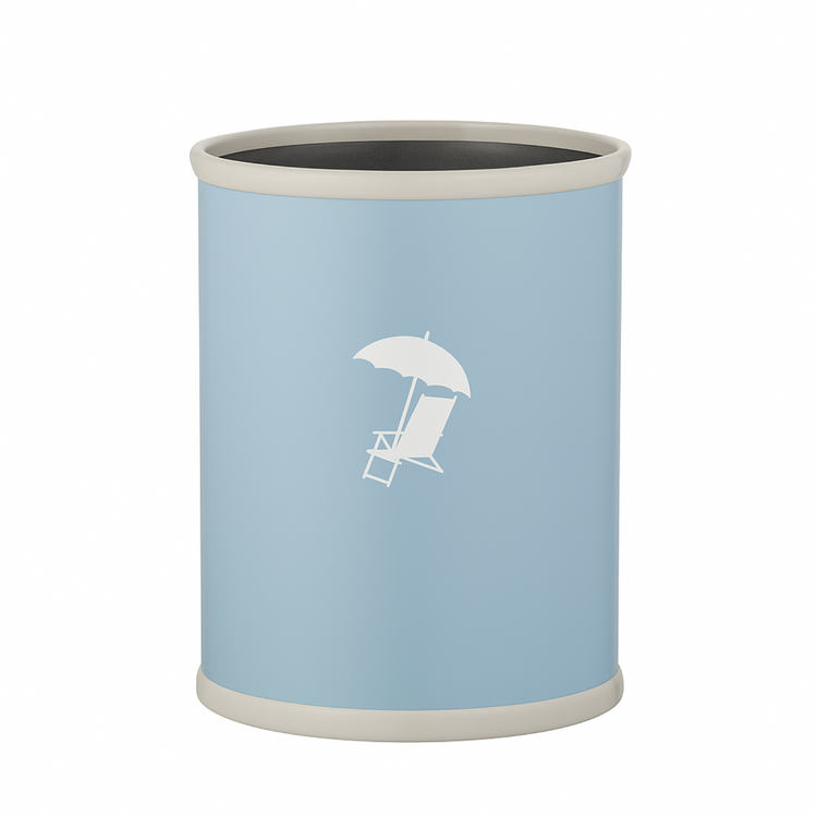 Light blue | cylindrical container with a white icon of a beach chair and umbrella on a white background