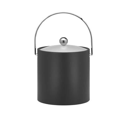 Black | Leatherette ice bucket with chrome bale handle, astro knob and frosted acrylic cover, bringing the bar experience to your home.