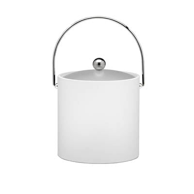 White | Sophisticated leatherette ice bucket with chrome accents, astro knob, and frosted acrylic cover for a stylish home bar experience.