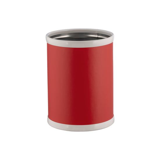 Red | trash can with silver rim on a white background.