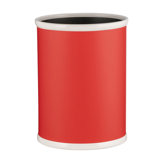 Red | Minimalist leatherette trash bin in oval form, showcased against a plain white background.