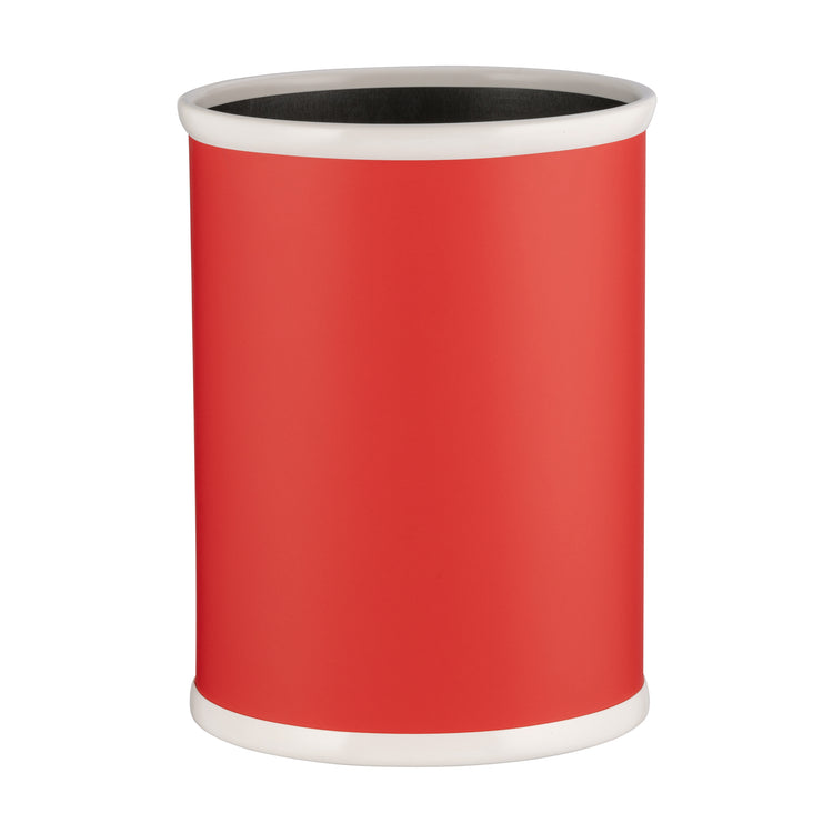 Red | Minimalist leatherette trash bin in oval form, showcased against a plain white background.