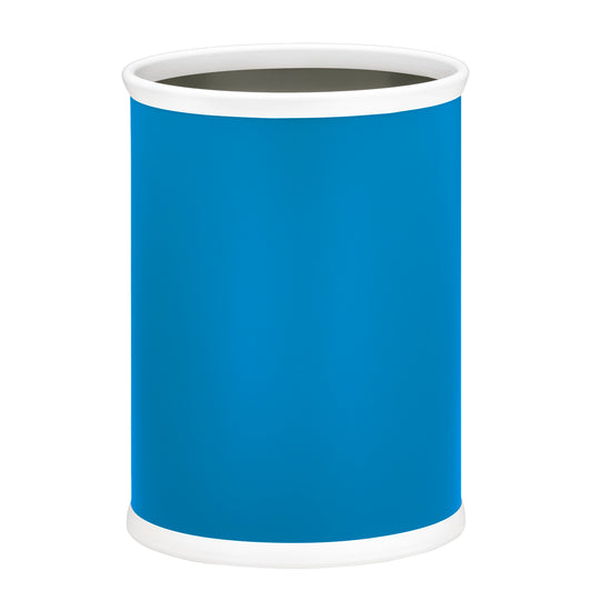 Process Blue | Elegant 13QT waste bin with leatherette exterior and oval top, placed on a white background.