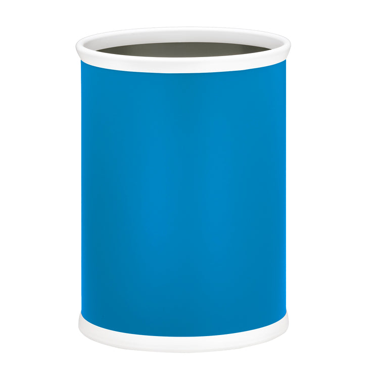 Process Blue | Elegant 13QT waste bin with leatherette exterior and oval top, placed on a white background.