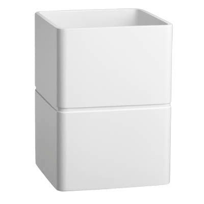 White | Malibu 8qt white wastebasket with a bi-level design on a white background.