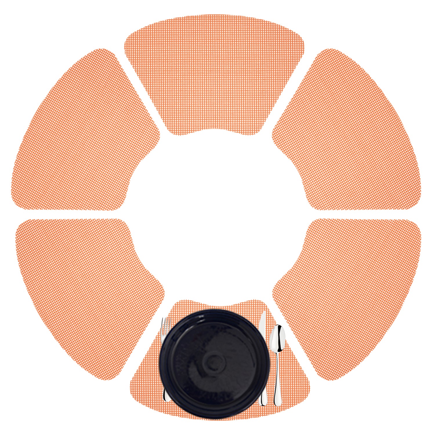 Spice Orange | Fishnet wedge placemats laid out in a circle.