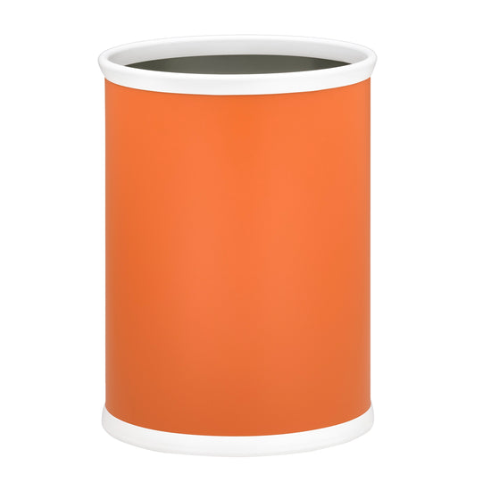 Spice Orange | Classic oval leatherette wastebasket, upright and centered on a white surface.