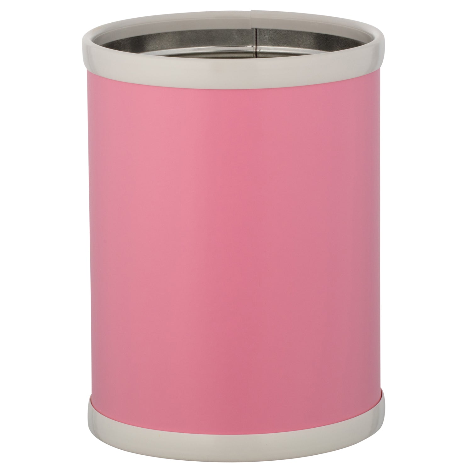 Pink | Stylish round wastebasket in leatherette material, shown upright on a plain white background.