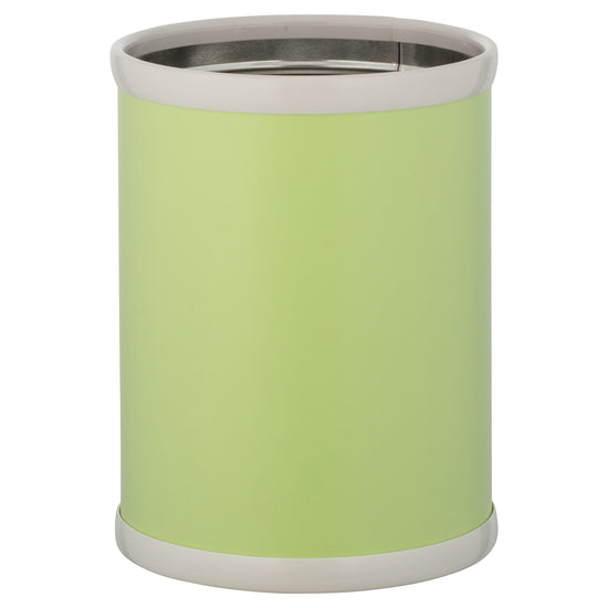 Light Green | Circular leatherette trash bin with white bumpers displayed on a white background.