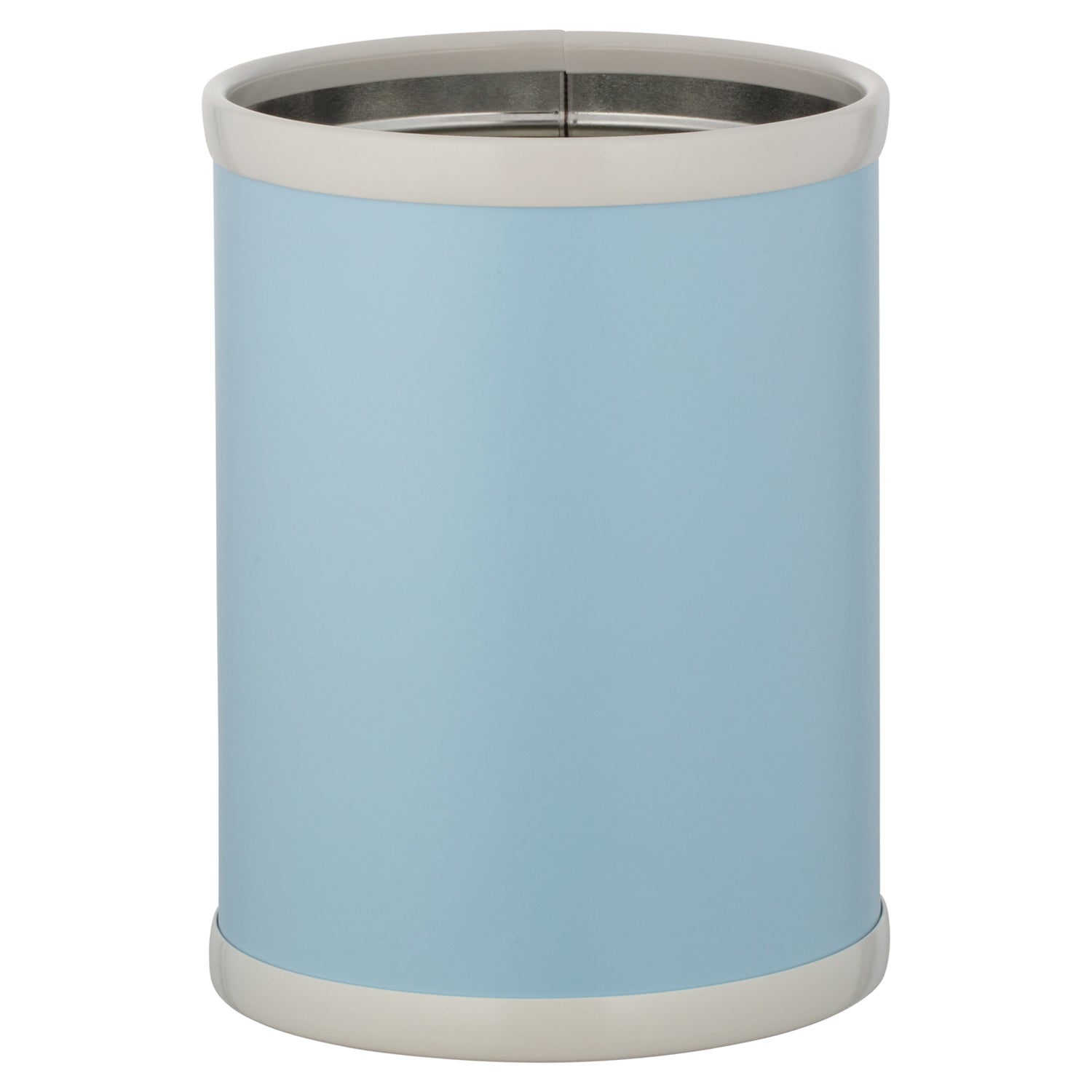 Light Blue | 8-quart round leatherette wastebasket with a smooth textured finish, centered on a white background.