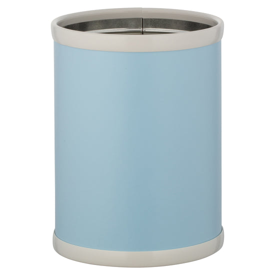 Light Blue | 8-quart round leatherette wastebasket with a smooth textured finish, centered on a white background.