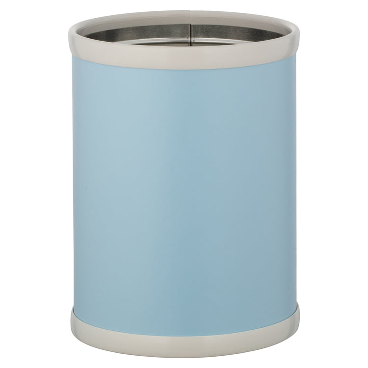 Light Blue | 8-quart round leatherette wastebasket with a smooth textured finish, centered on a white background.