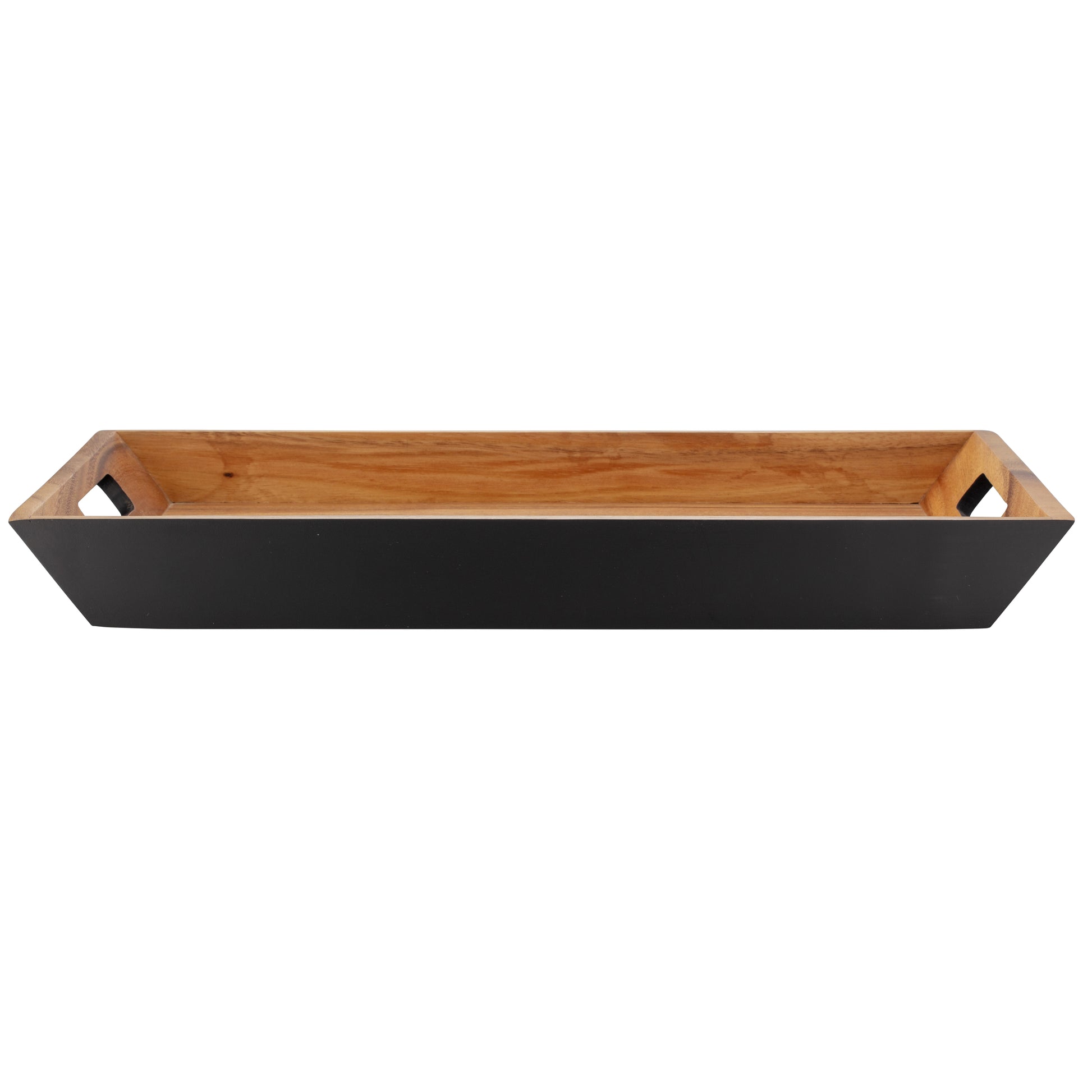 Acacia | Rectangular tray with wooden top and black base on a white background