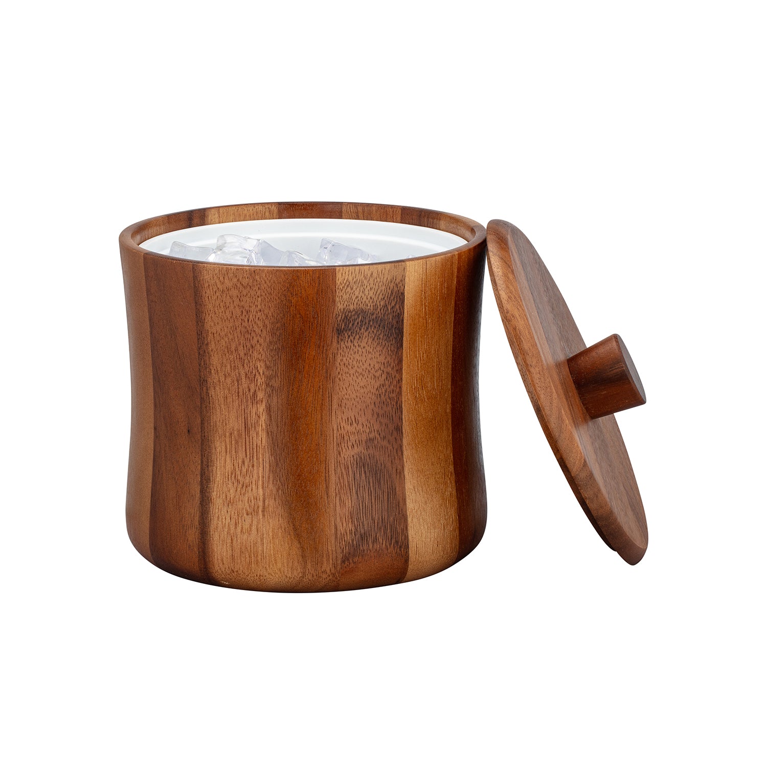 Acacia | Close-up of elegant acacia ice bucket filled with ice.