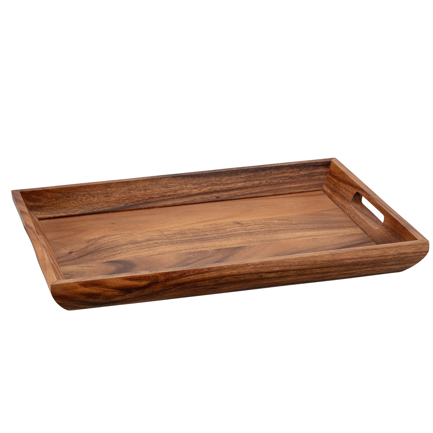 Acacia | Wood serving tray with cut out handles on a white backdrop.