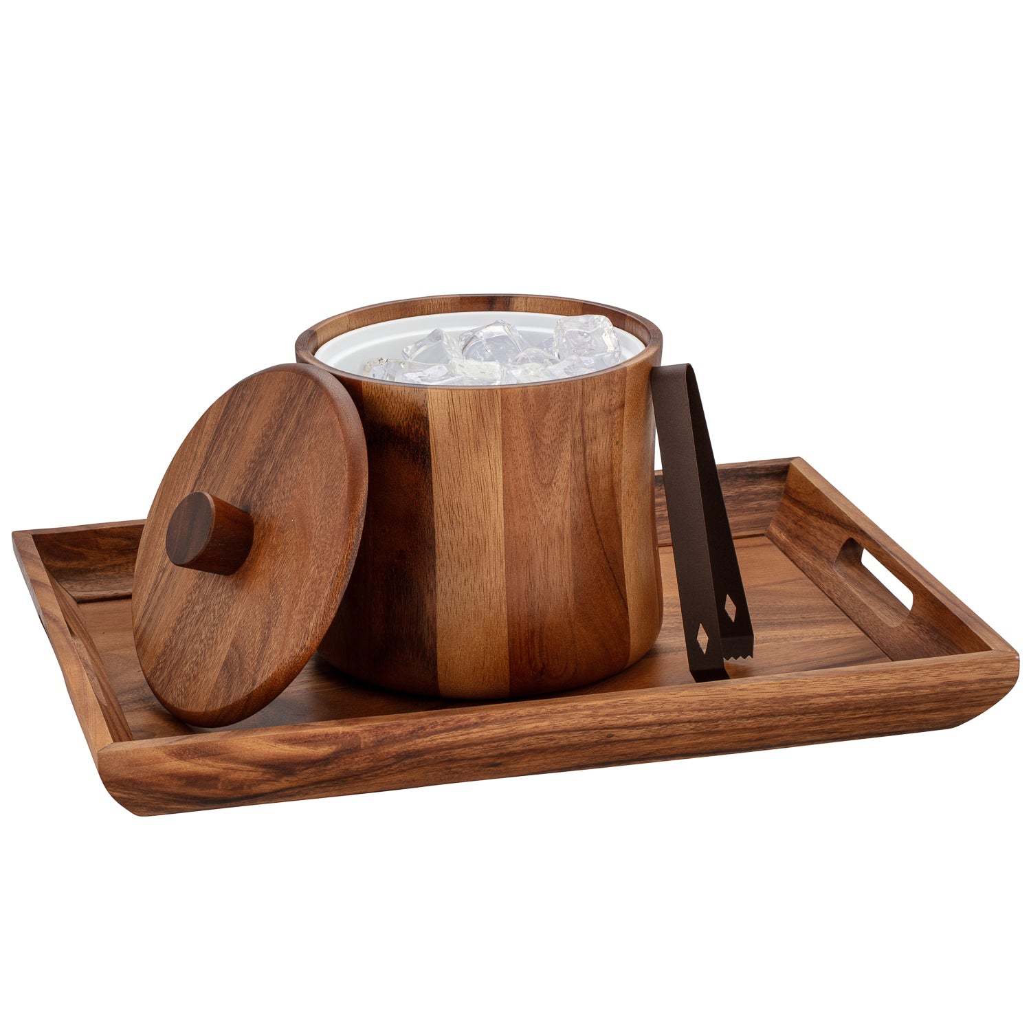 Acacia | Stylish ice bucket with pairing tray & ice tongs on a white background.