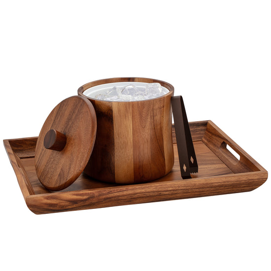 Acacia | Stylish ice bucket with pairing tray & ice tongs on a white background.