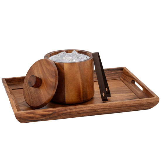 Acacia | Beautifully crafted wood tray used for holding a wood ice bucket and ice tongs.