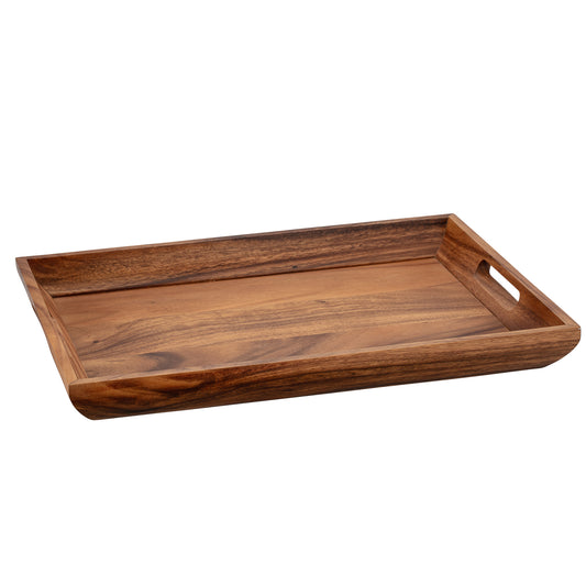 Acacia | Wood serving tray with cut out handles on a white backdrop.