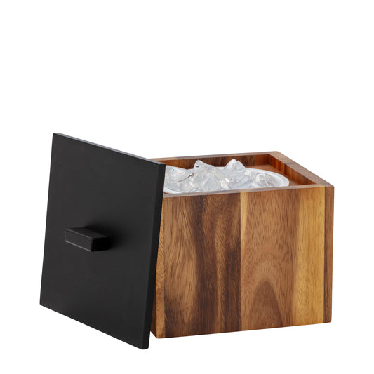 Acacia | Square wood ice bucket by Taniya Nayak with the cover off