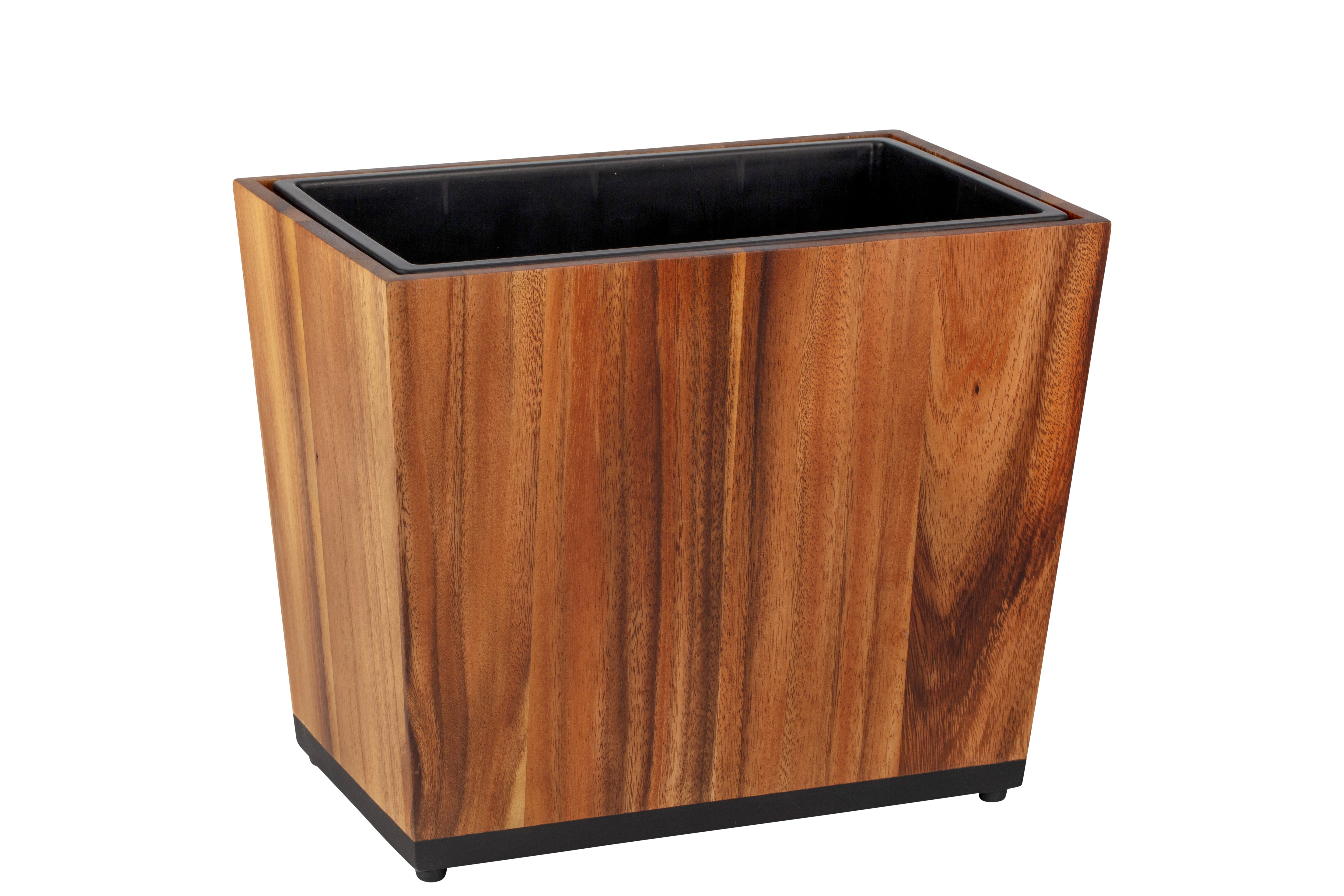 Acacia | Wooden wastebasket with black full liner insert on a white background