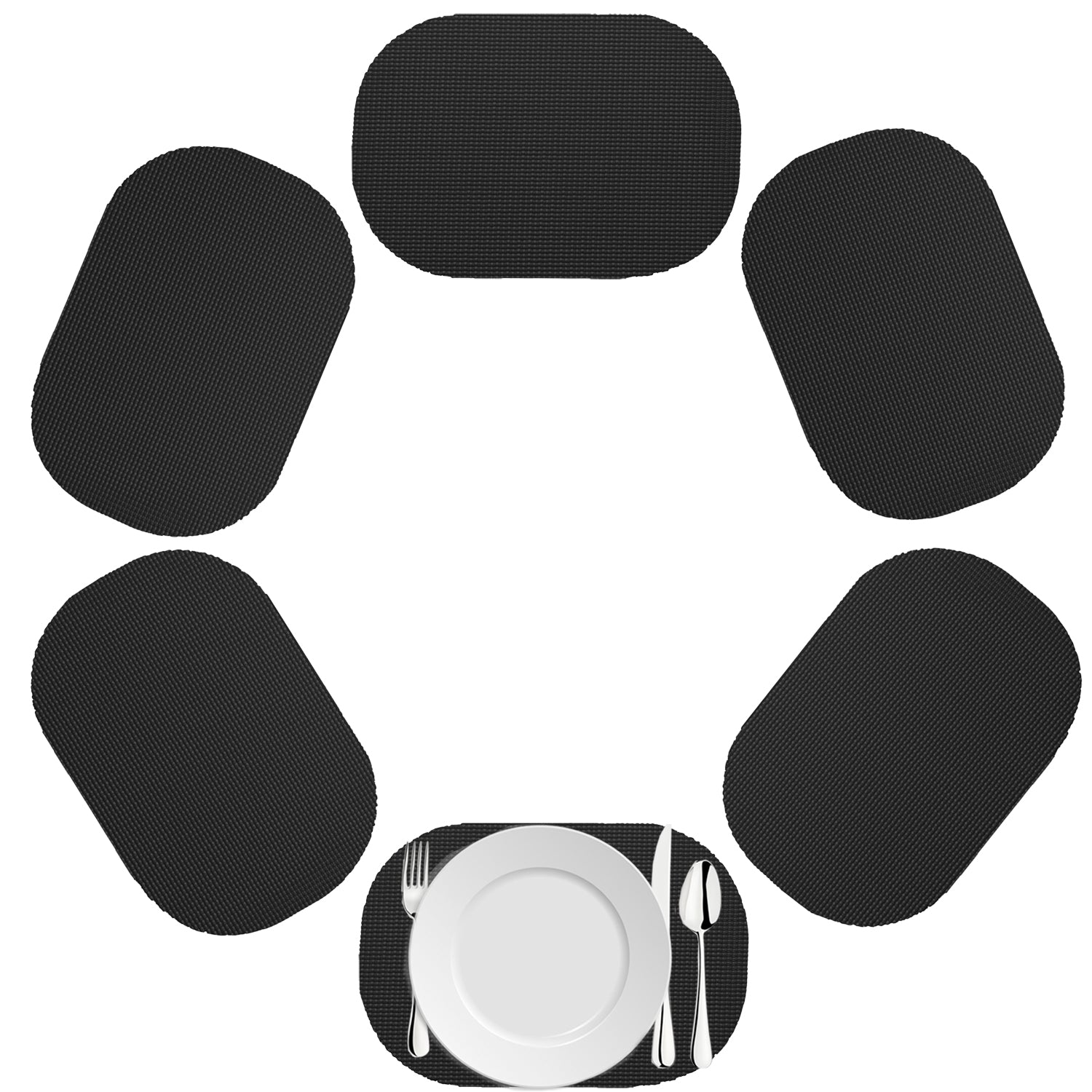 Black | Oval fishnet placemat set of 6 in classic black on a white background.