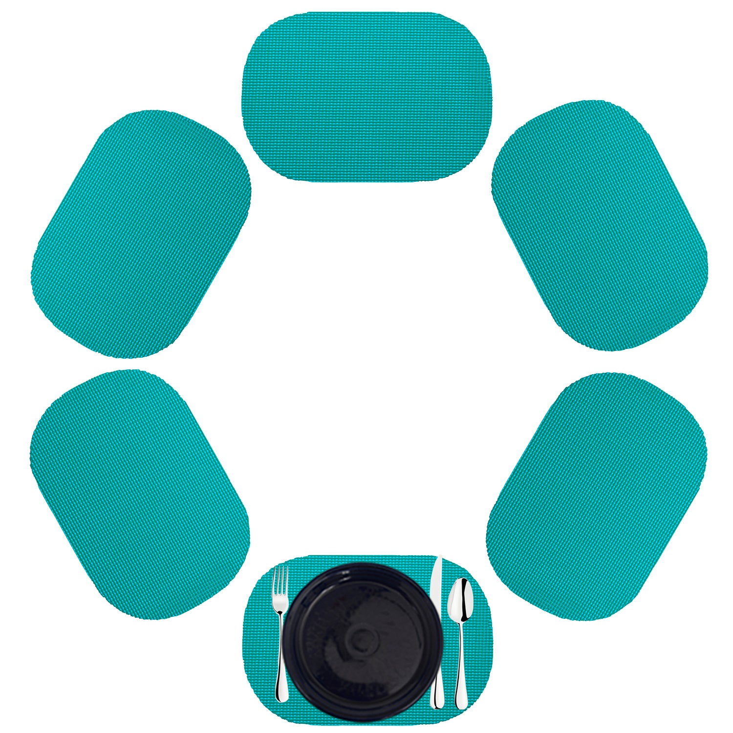 Teal | Bright colored teal fishnet oval shaped placemat set of 6.