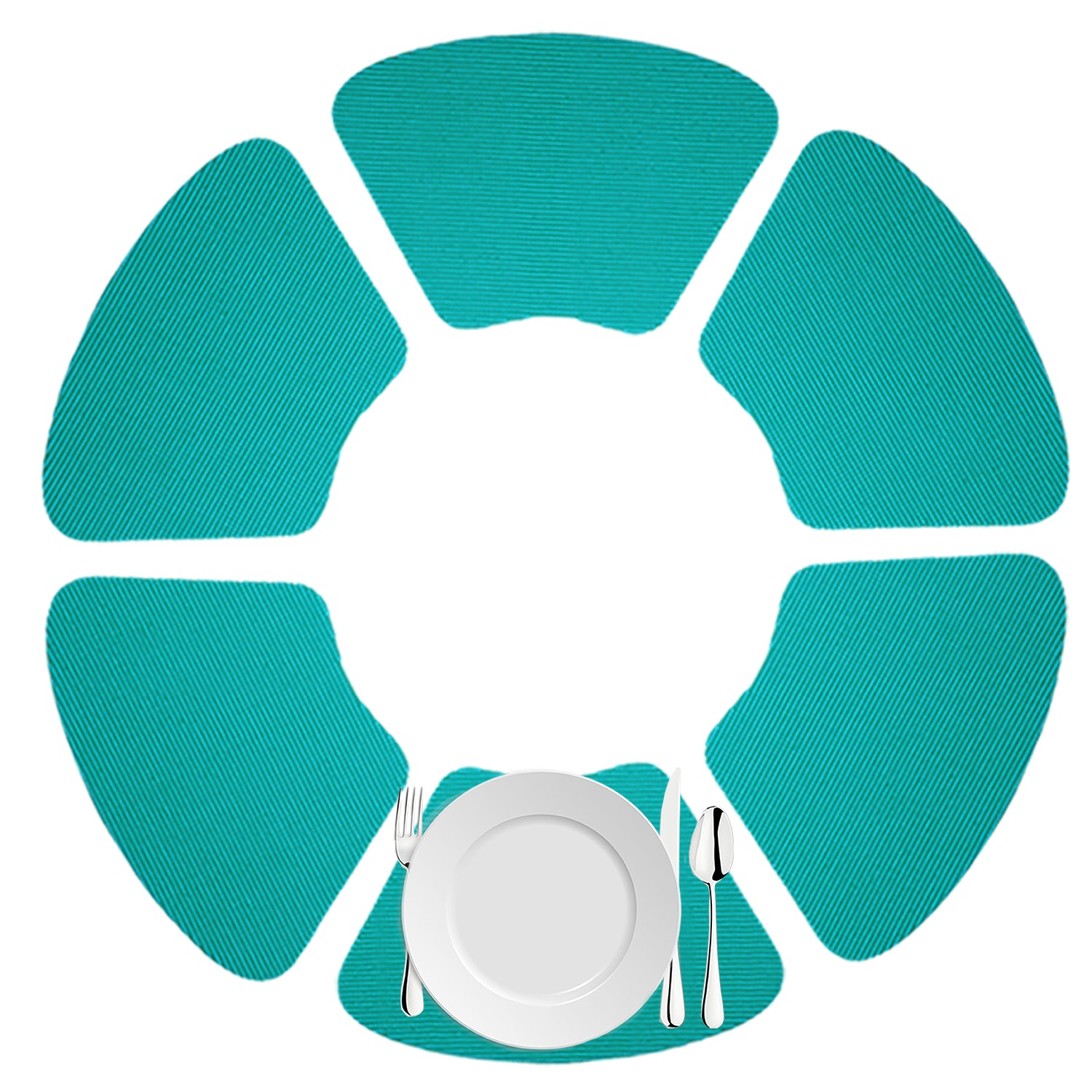 Teal | Fishnet placemats set of 6 in a circle for a round table appearance. 