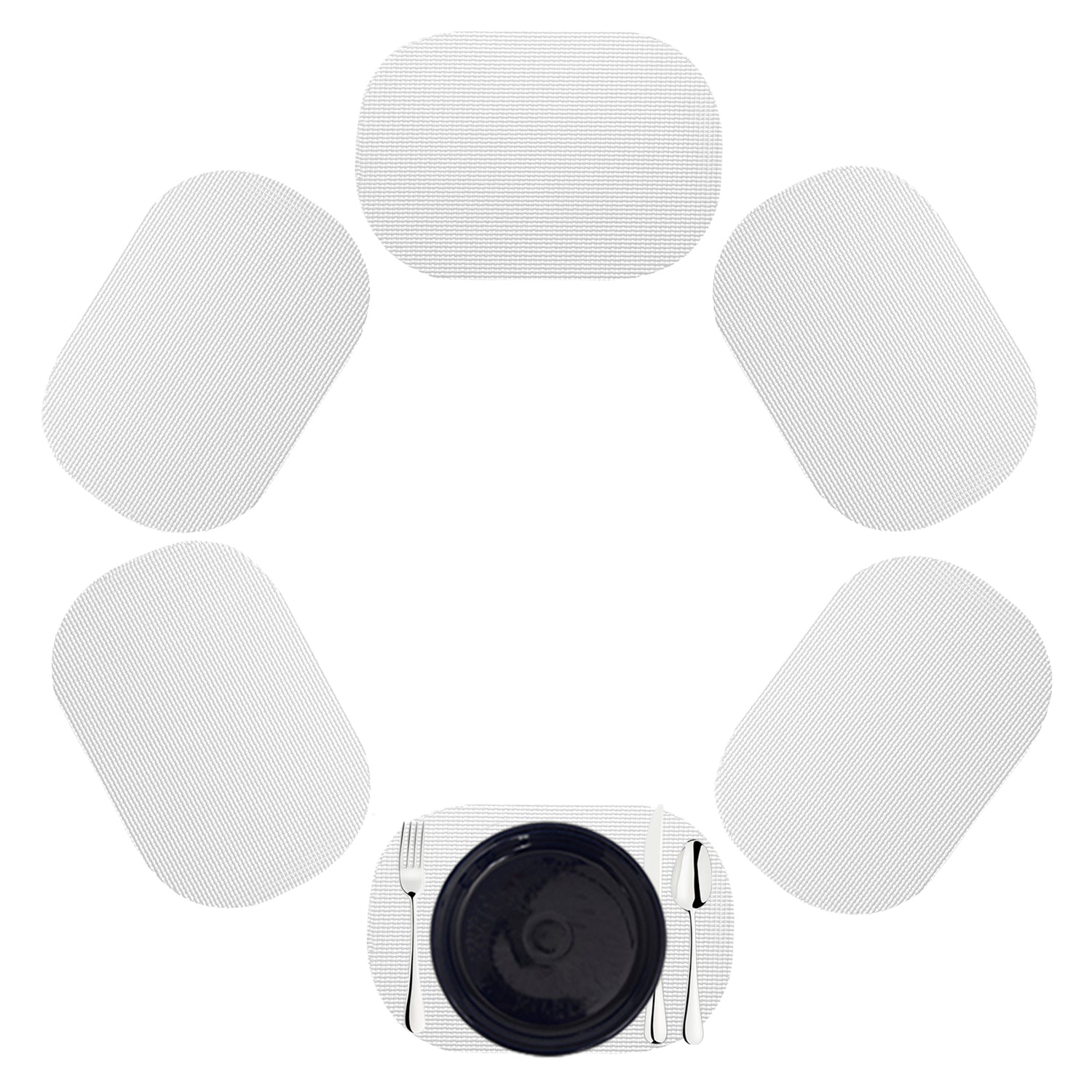 White | Oval shaped white fishnet placemat set of 6 with dinnerware setting.