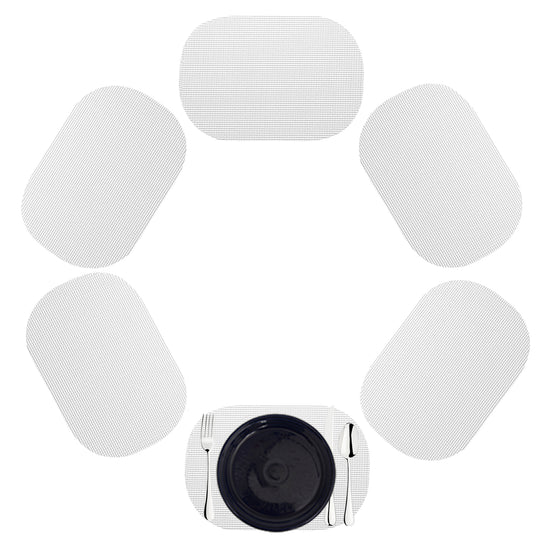 White | Oval shaped white fishnet placemat set of 6 with dinnerware setting.