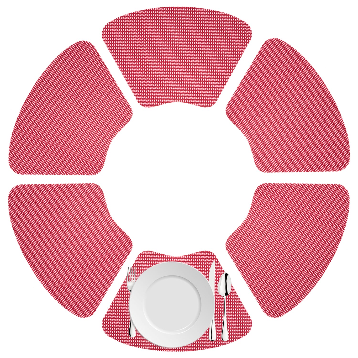 Red Flag | Bright colored fishnet set of 6 placemats in a wedge shape on a white background.