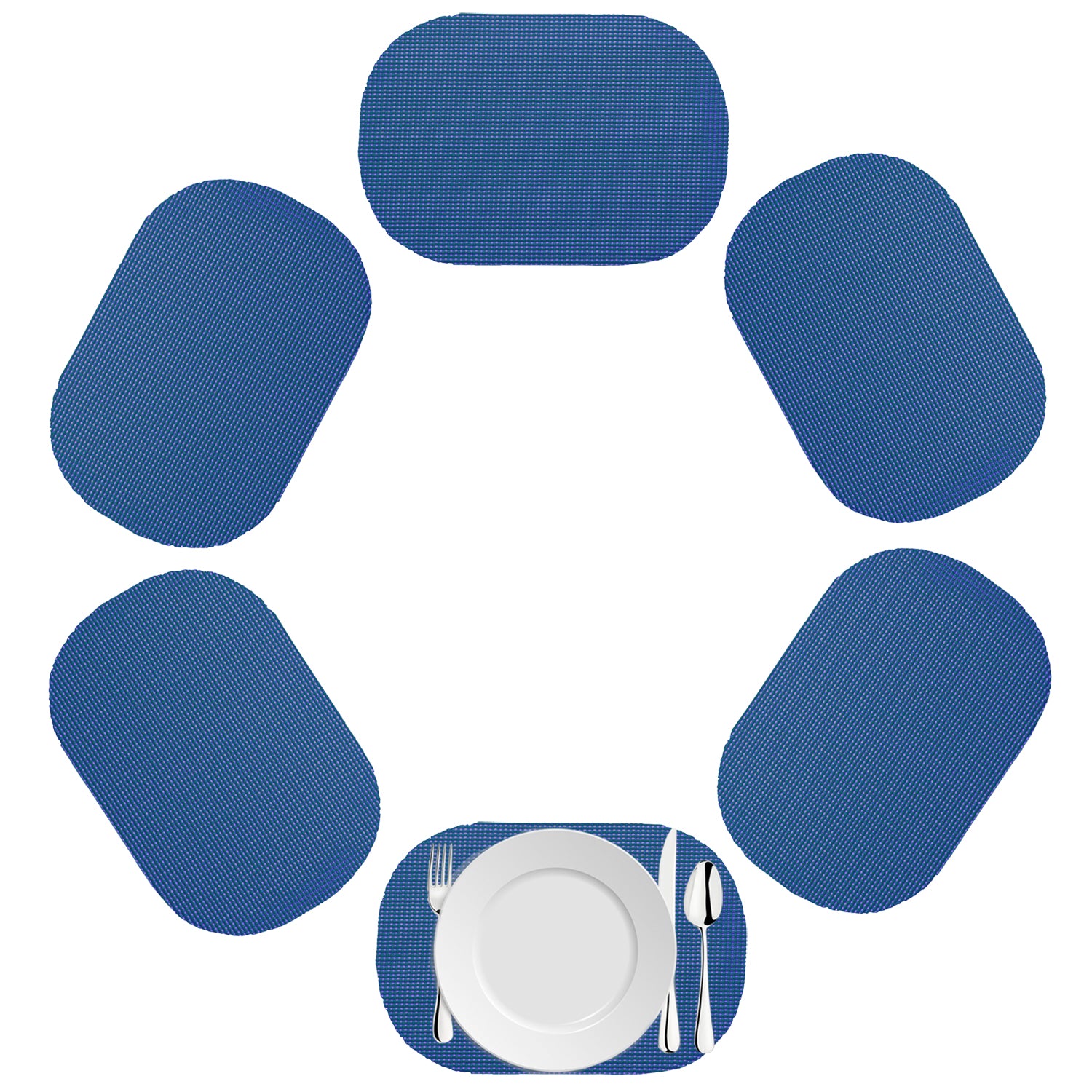 Blue | Oval fishnet placemat set of 6 in blue on a white background.