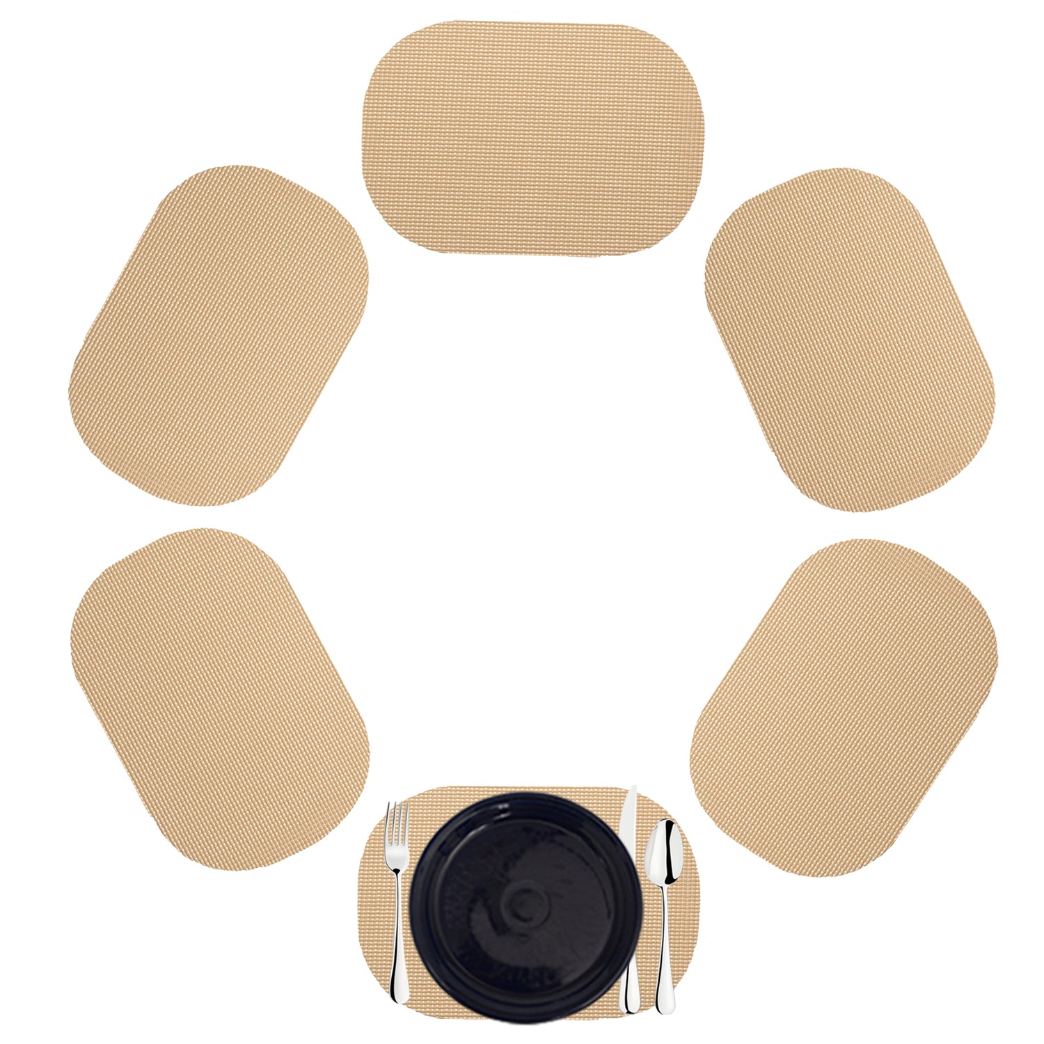 Tan | Neutral colored oval fishnet placemats for six people.