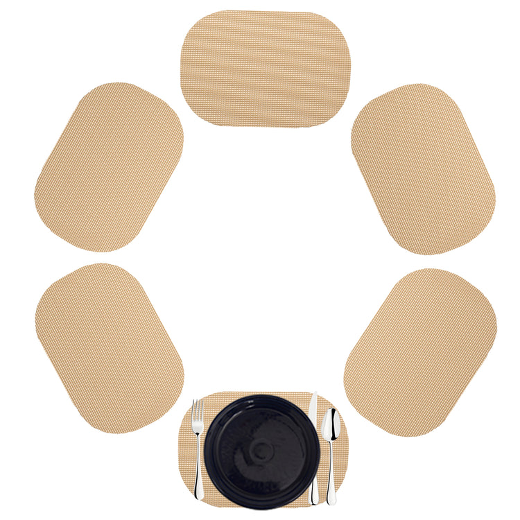 Tan | Neutral colored oval fishnet placemats for six people.