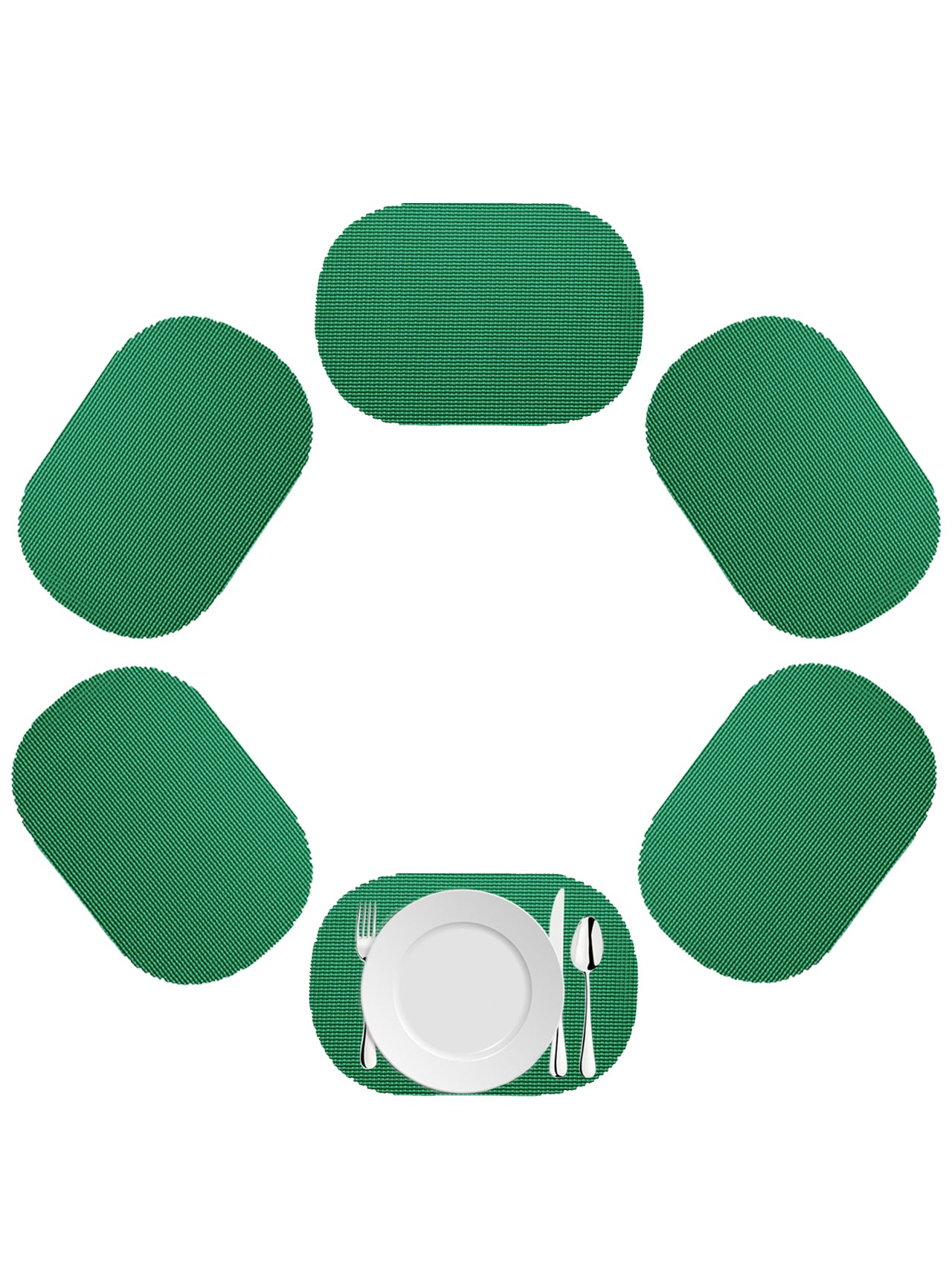 Emerald | Oval fishnet placemat set of 6 in forest green color on a white background.