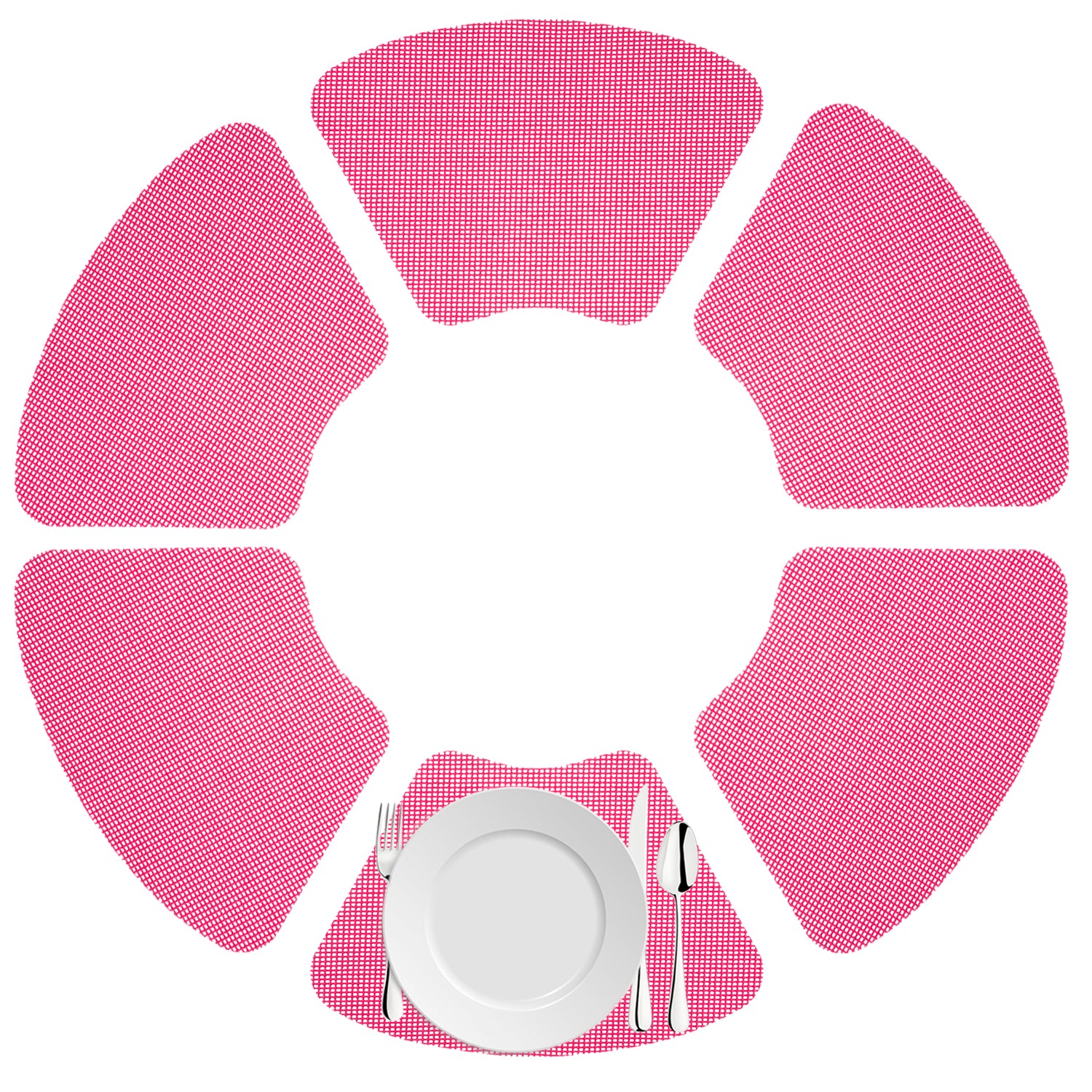 Pink Yarrow | Fishnet wedge placemats displayed with a white dinner plate and silver utensil set.