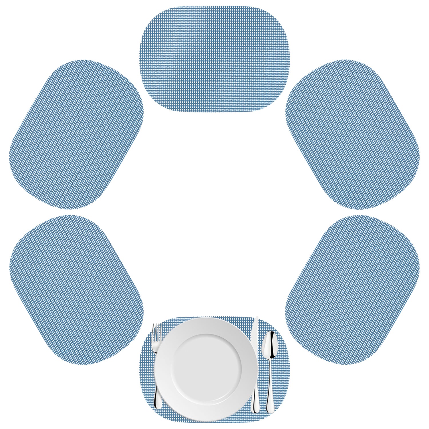 Niagara Blue | Cool blue colored oval shaped fishnet placemat set for six people.