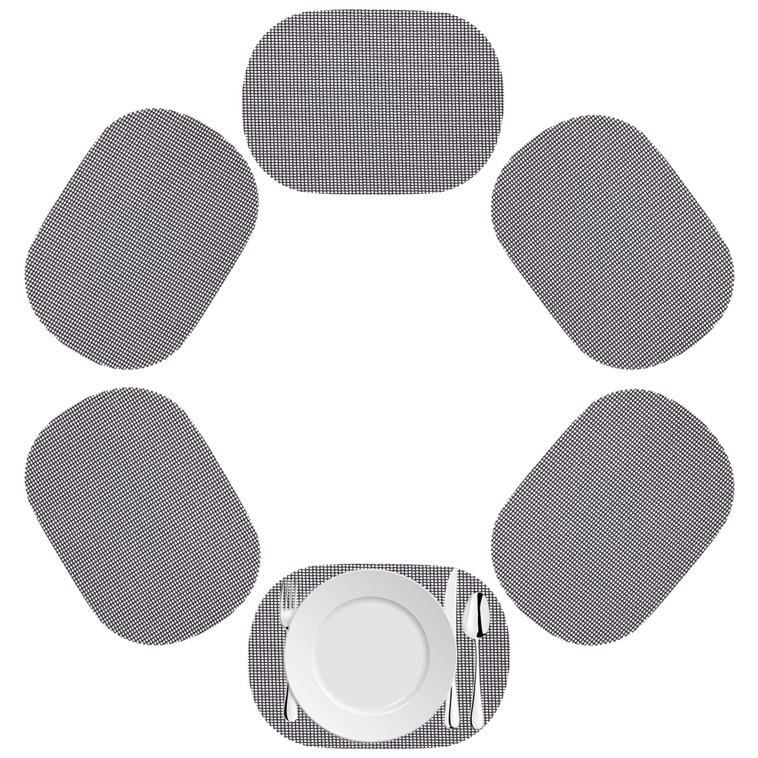 Blackened Pearl | Oval fishnet placemat set of 6 in a soft black color on a white background.