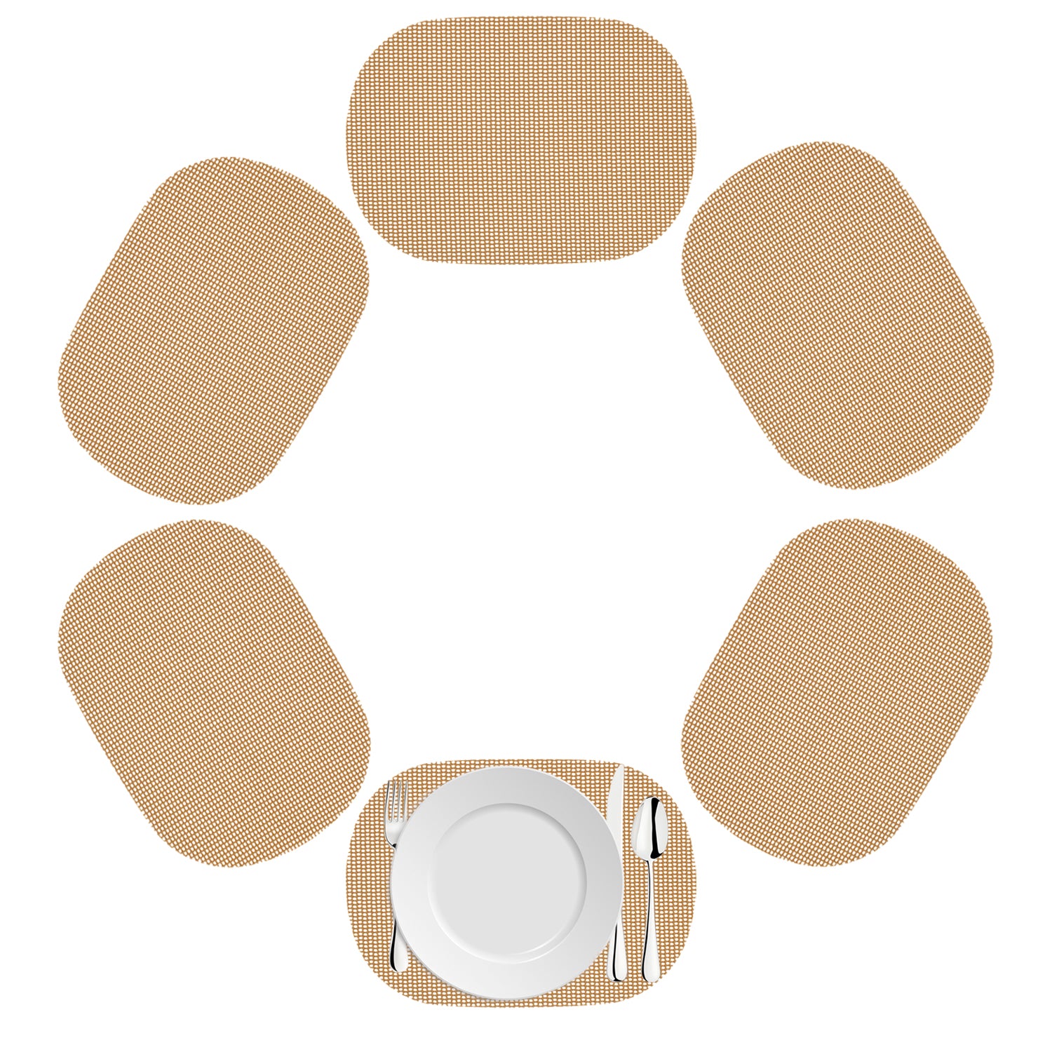 Bronze Mist | Oval fishnet placemat set of 6 in a light bronze color on a white background.