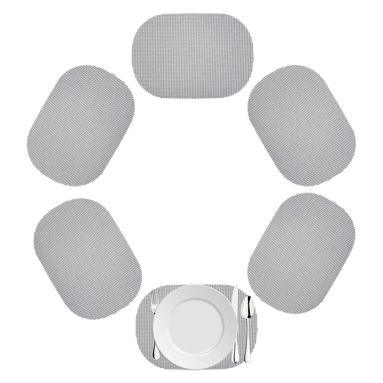 Ultimate Gray | Oval shaped fishnet placemat set with white dinner plate and utensils.