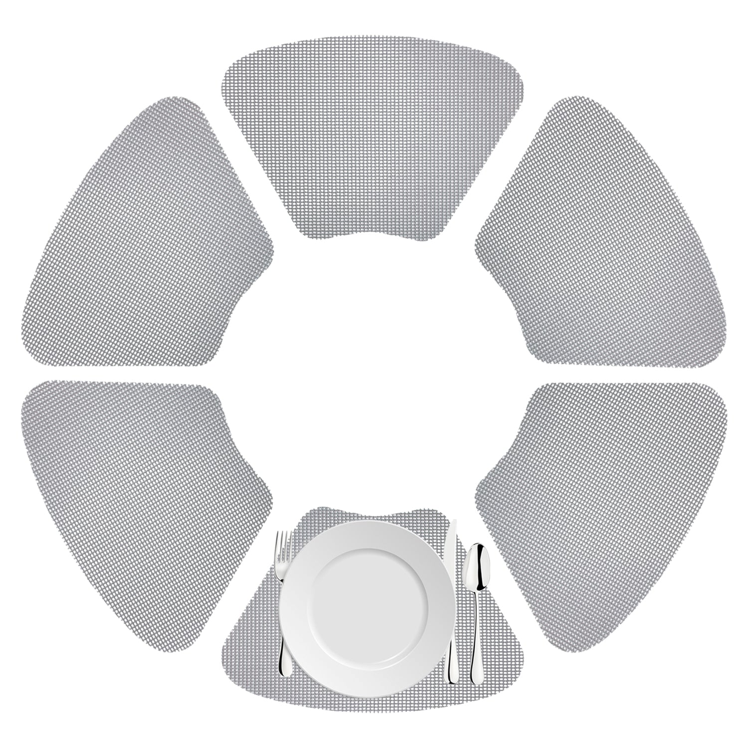 Ultimate Gray | clean white background with fishnet wedge placemats and white plate.