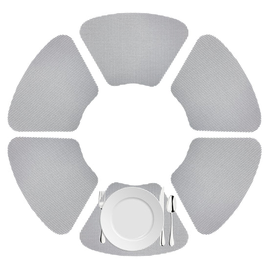 Ultimate Gray | clean white background with fishnet wedge placemats and white plate.