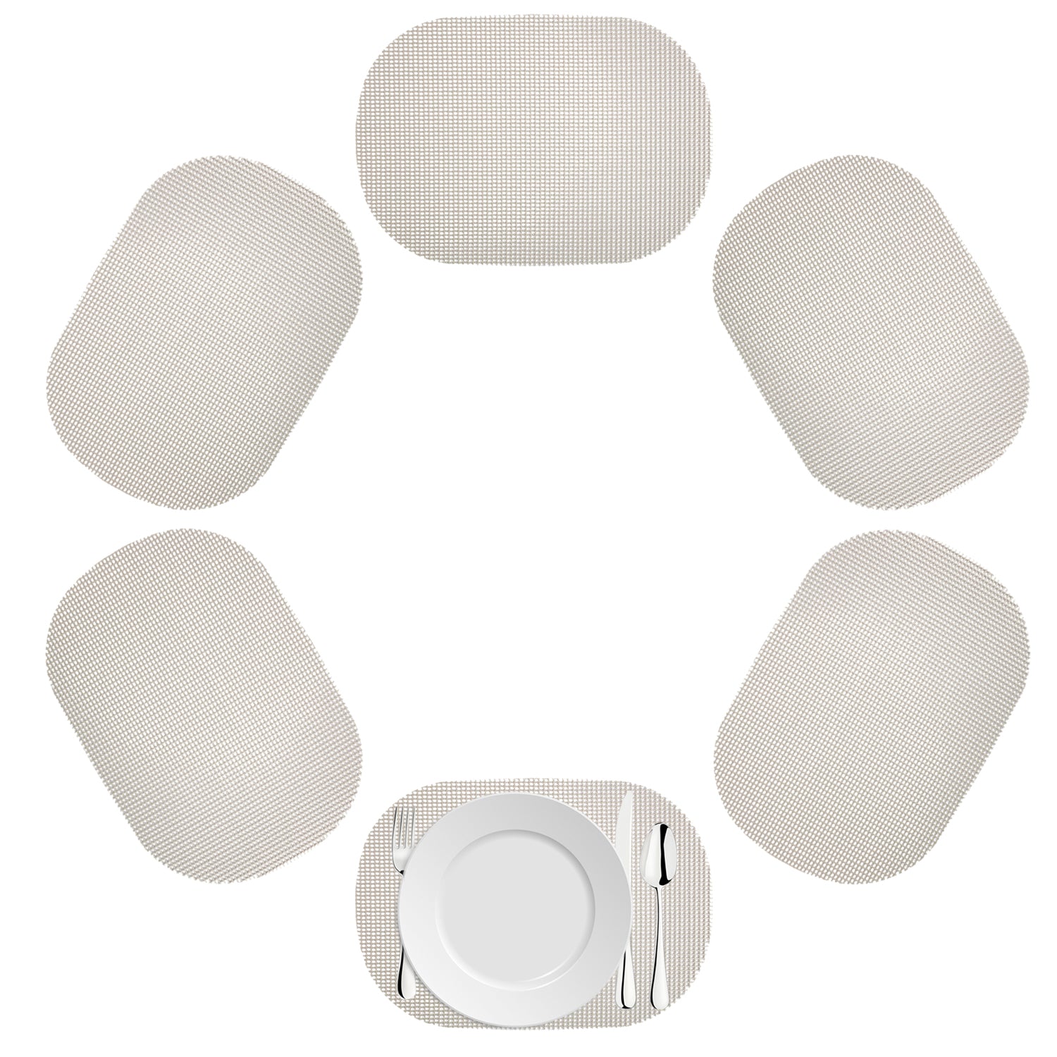 Light Gray | Oval fishnet placemat set of 6 in Light Gray on a white background.