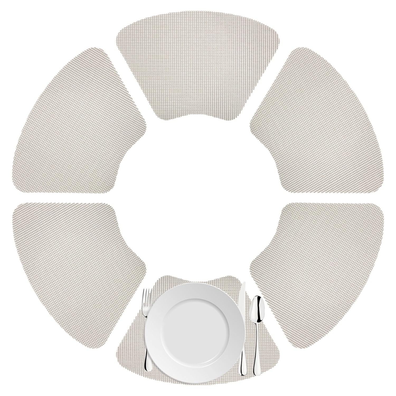 Light Gray | Set of fishnet wedge placemats displayed with silver cutlery.