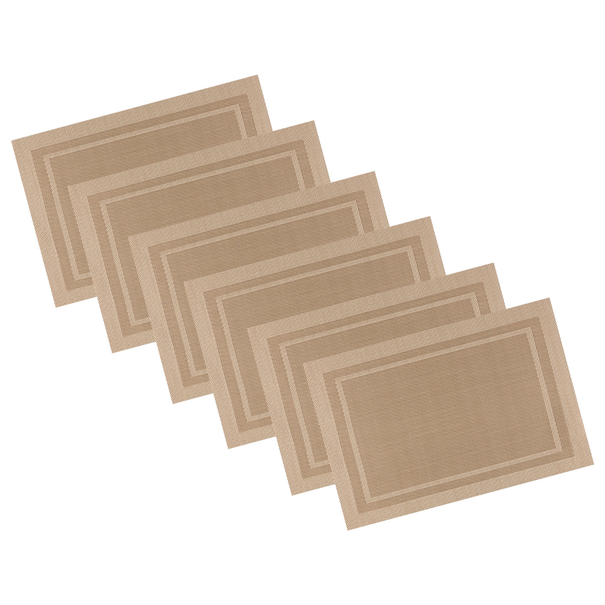 Taupe | Stacked woven placemats with contrasting double borders, set of 6 on a white background.