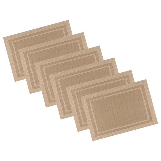 Taupe | Stacked woven placemats with contrasting double borders, set of 6 on a white background.