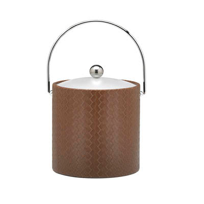 Pinecone | View of a 3qt leatherette ice bucket with polished bale handle, placed on a white backdrop.