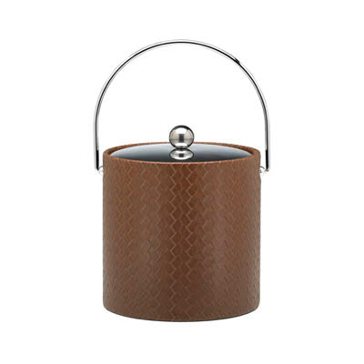 Pinecone | Front view of a 3qt leatherette ice bucket featuring a metal cover and handle, placed on a white backdrop.